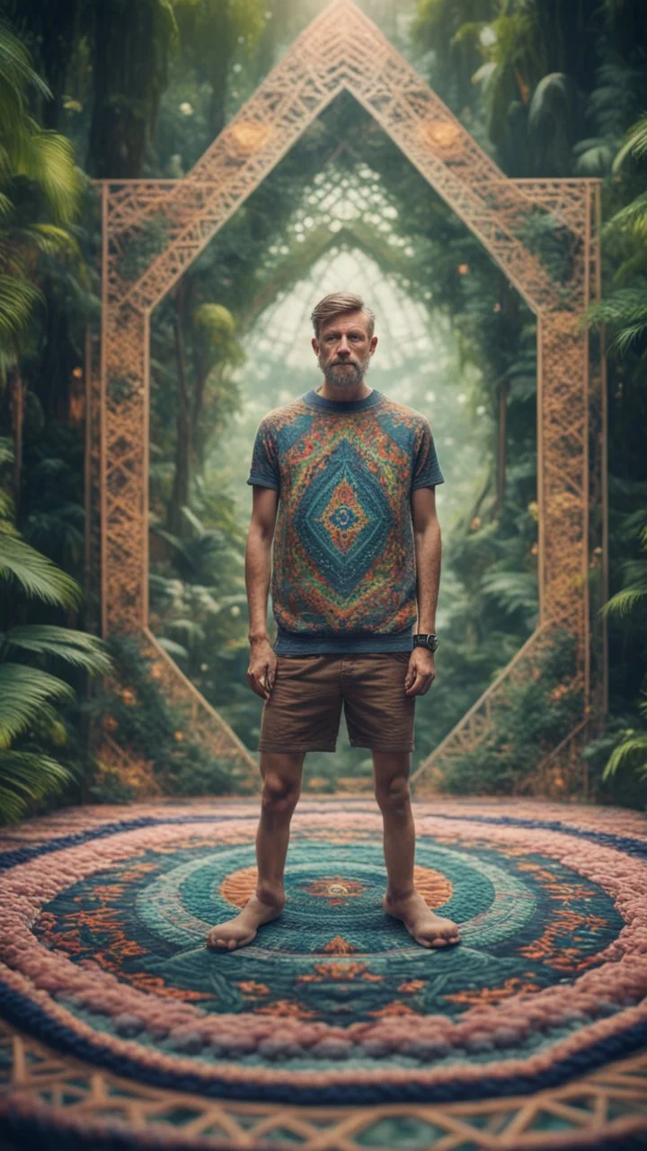 mandala style framed playing card illustration, close up portrait of a man with feets for hands posing for photo shoot in a space alien mega structure with stairs and bridges woven into a sacred geometry knitted tapestry in the middle of lush magic jungle, bokeh like f/0.8, tilt-shift lens 8k, high detail, smooth render, down-light, unreal engine, prize winning