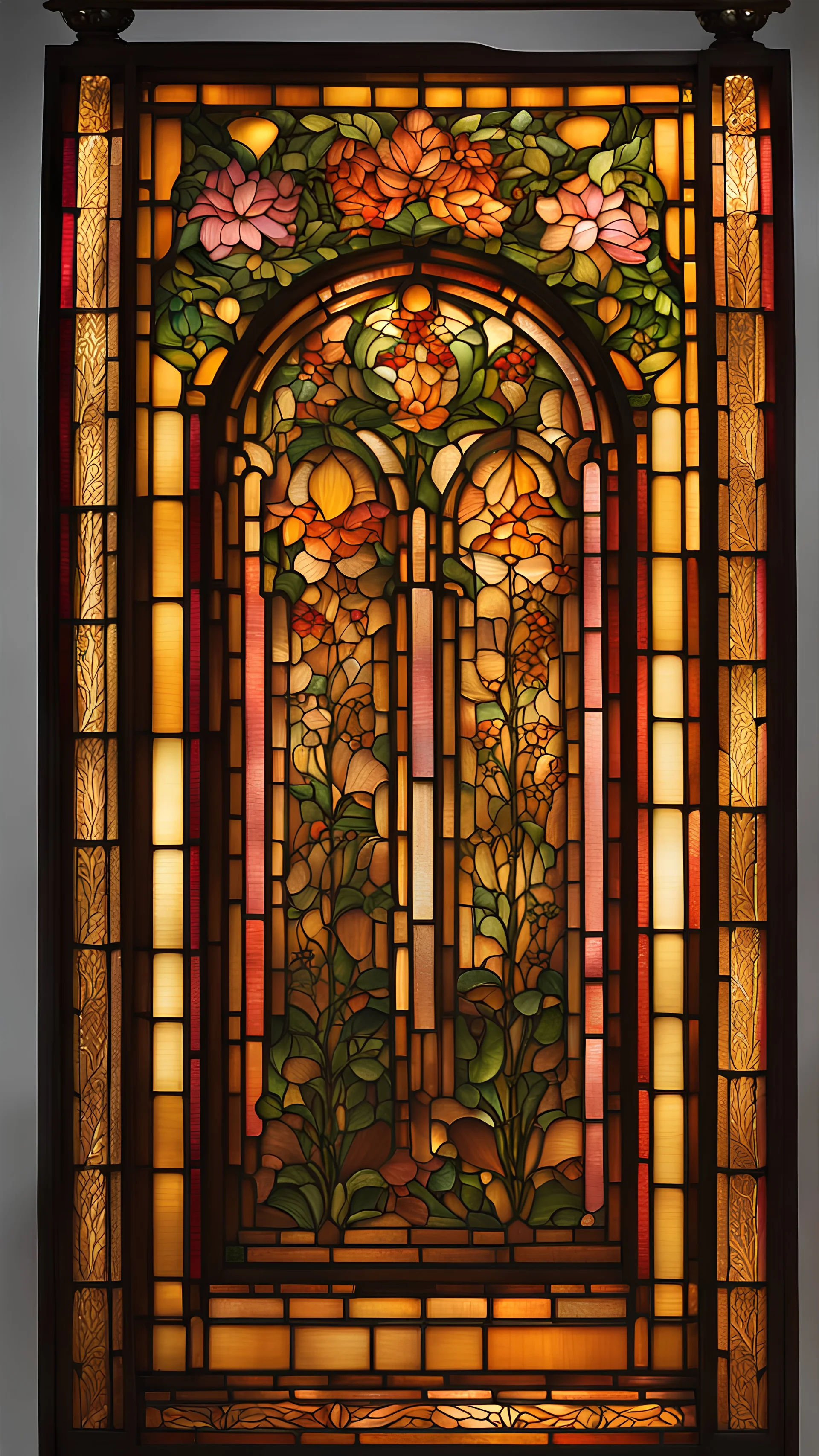 The image depicts a tall, narrow stained glass panel with an intricate, nature-inspired design. The panel is framed in ornate, golden-colored wood with detailed carvings at the top and bottom. The central motif of the stained glass features a variety of blooming flowers, including pink and orange hues, with lush green stems and leaves winding their way up the length of the panel. The background consists of softly muted blue and beige tones, arranged in geometric patterns that contrast with the o