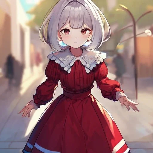 Clear focus, High resolution, Rough line, cute, cartoon style, white short hair, fluff cut, long locks, spiky hair, wearing a white long sleeve skirt, wearing a red skirt and a white line, red lines on shirt, puffy sleeves on the top, teenager, 1girl (solo)