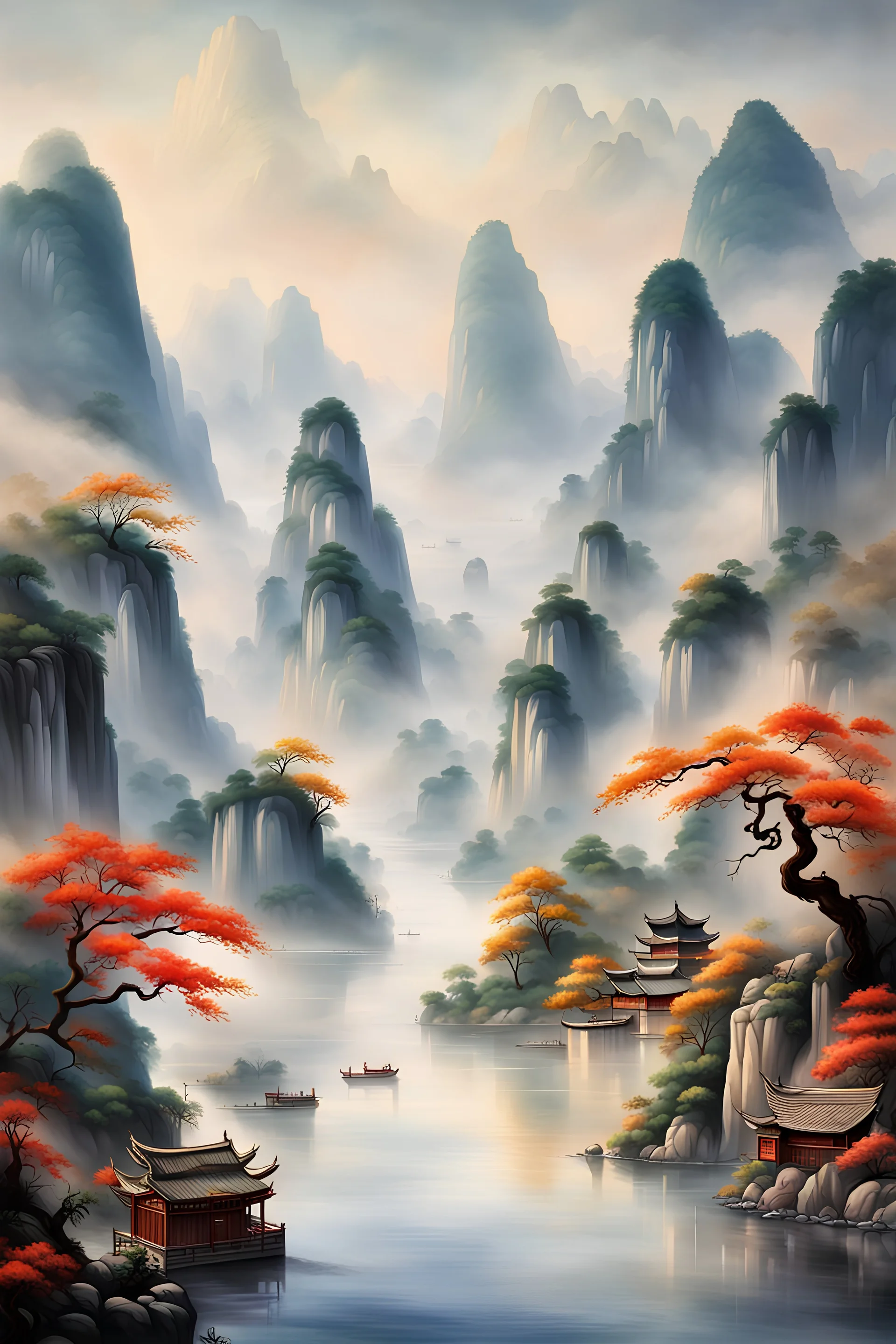 It depicts awe-inspiring traditional color paintings and color landscape paintings in a style characteristic of Chinese culture, and the scenery of the Li River. The focal point of the image should be a mountain shrouded in mist, reflecting the stature and splendor. At the foot of the mountain, a wide river should be seen meandering along it, clear enough to reflect the surrounding landscape. Important elements of the landscape, such as rocks and mountains, should be artfully crafted using ink t