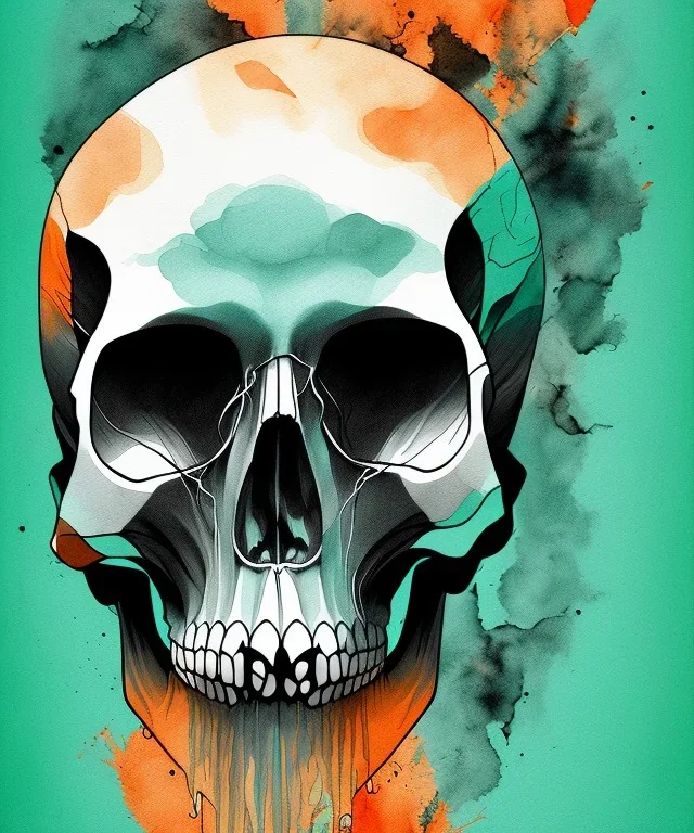 minimal lineart skull. watercolor and ink. black background. teal and orange