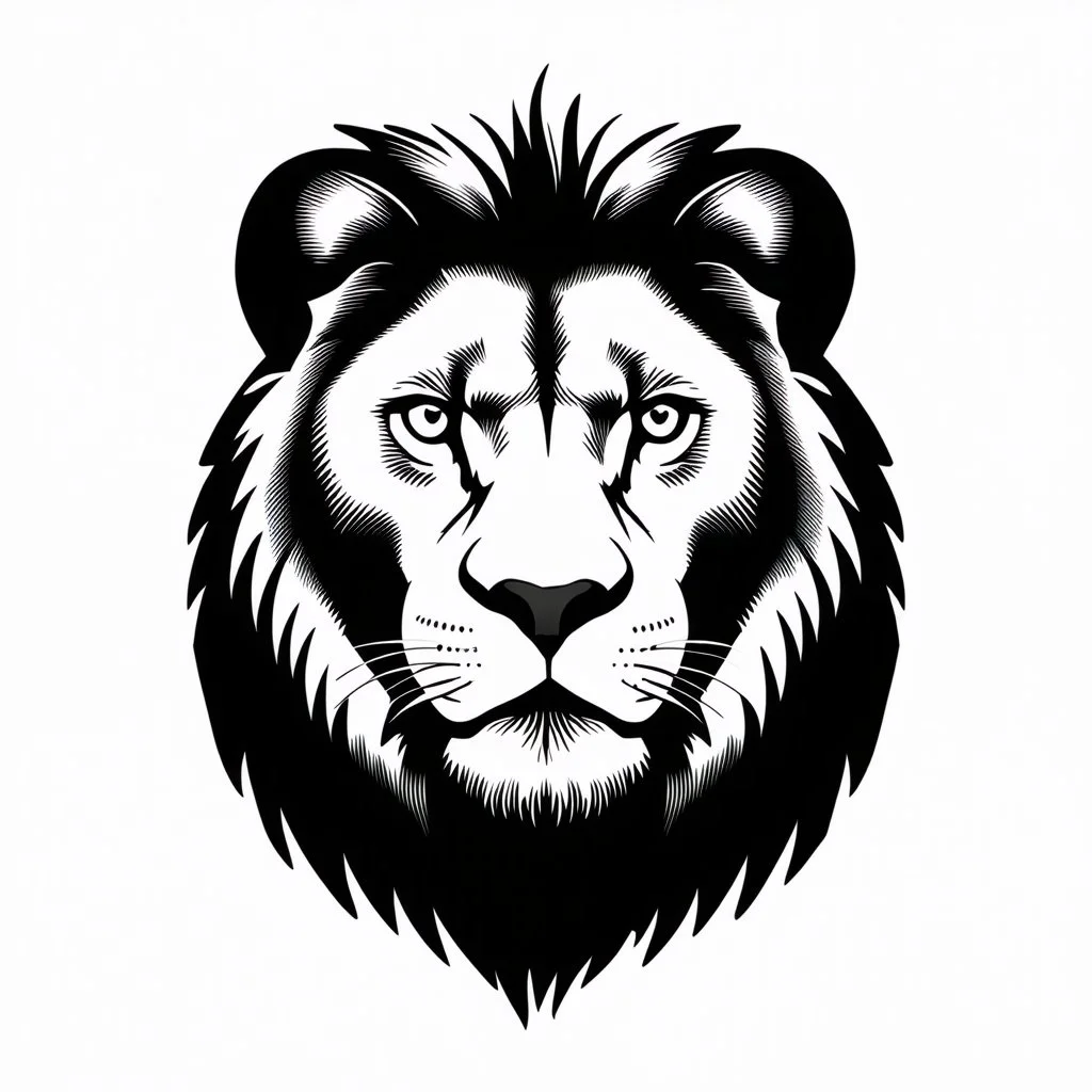 front facing lions face, black and white simplified vector logo