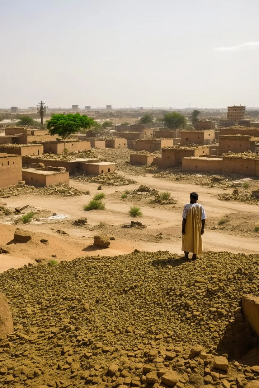 Sudan, destroyed city, airstrikes, one man in the distance