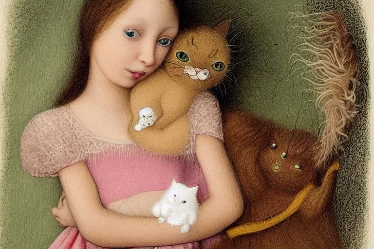 a cute foam girl hugging a foam ragdoll-cat , fine detailed, face drawing, dim background sharp focus elegant fantasy intricate very attractive beautiful ultra detailed colourful anatomically correct (A} Hieronymus Bosch, Henri Rousseau, Nicoletta Ceccoli, (A1) Anna Dittman, Remedios Varo, Sherry Akrami (A2) Serge Marshennikov, Zdzislav Beksinski