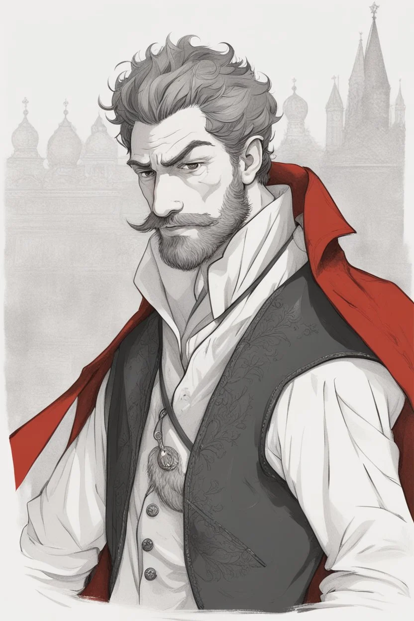 man, medieval, fighter, russian, croocked nose, czar, rich, simple clothes, short messy hair, thick beard, oligarch, leather coat with fur, brocade clothes, pencil drawing,red hair, muscles, background frame, 20 years old