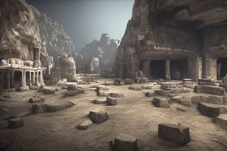 ancient city in cave, atmospheric, realistic, unreal engine, cinematic lighting, octane render.