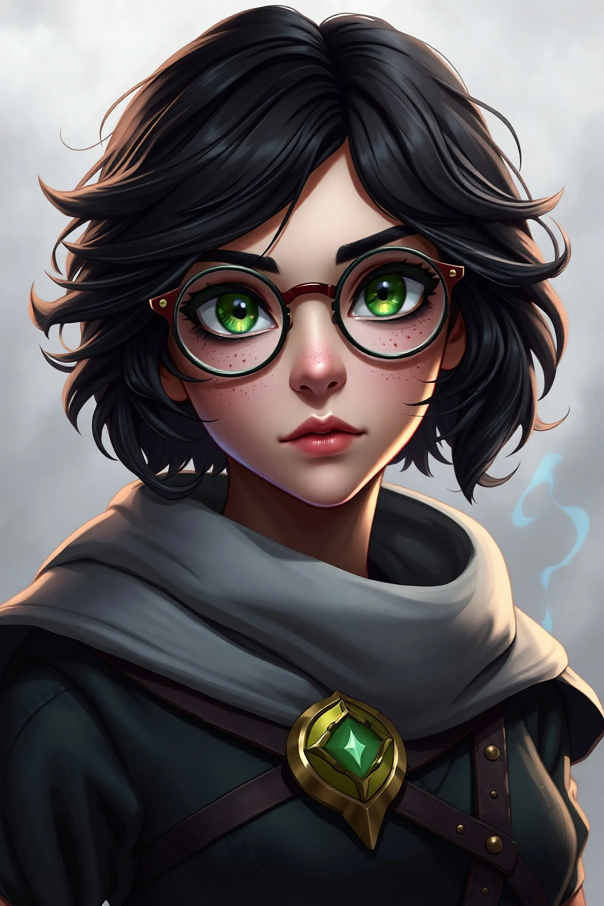 Female young human sorcerer with black wavy short hair, green eyes, round glasses and freckles in league of legends realistic style full body image