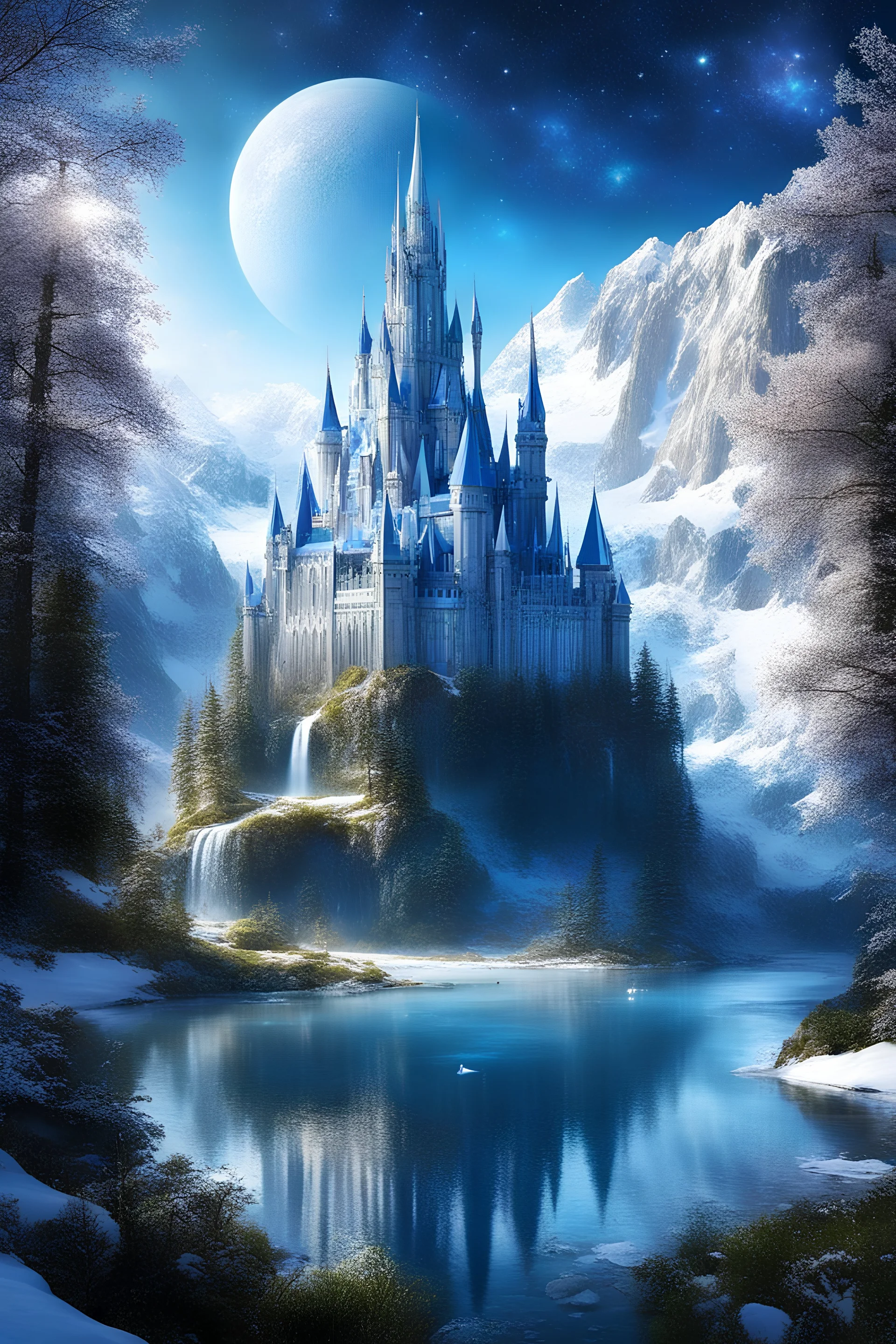 beautiful fantastic cristal castle, lanscape, pure harmony, blue, lake, falls, galactic, magic, transcendent, goodness, divine, butterflies, cascade, snow