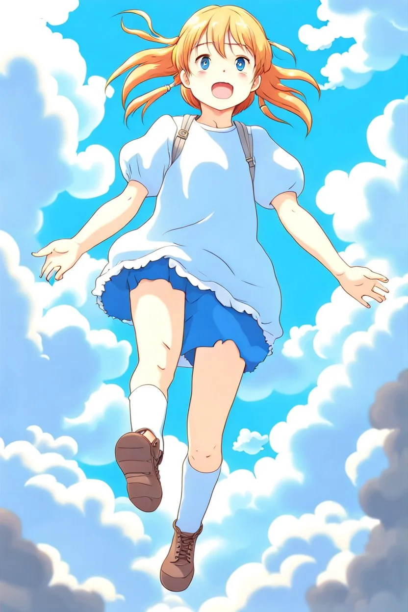 Girl falls from the sky among the clouds. Anime style