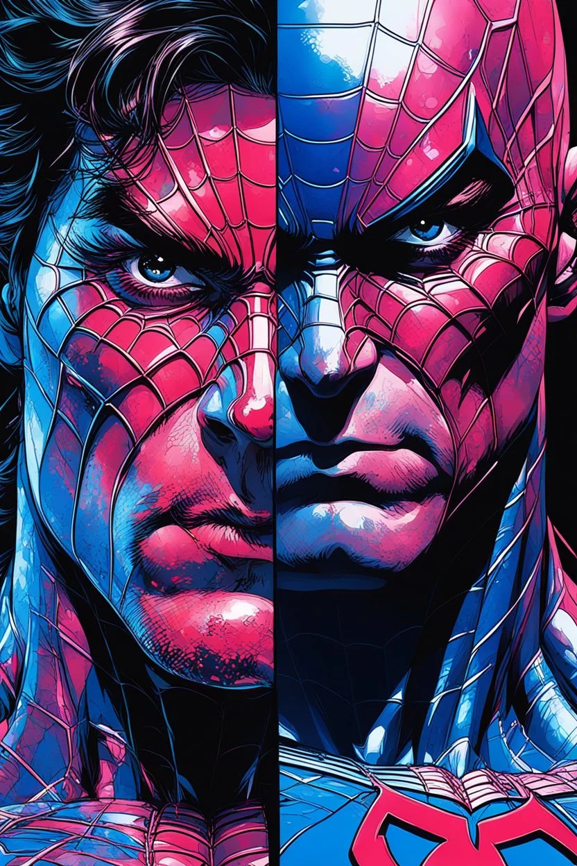 Poster in two gradations, split in half, one side "spiderman", other side "superman", midline of the face, painting by Yoji Shinkawa, dark blue and pink detailed iridescent, metallic, translucent, dramatic lighting, hyper futuristic, digital art,