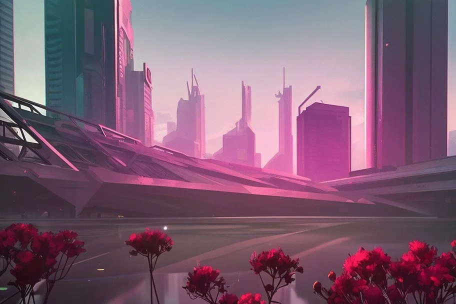 city, flowers, trees, sunny day, spring, sci-fi, cyberpunk influence