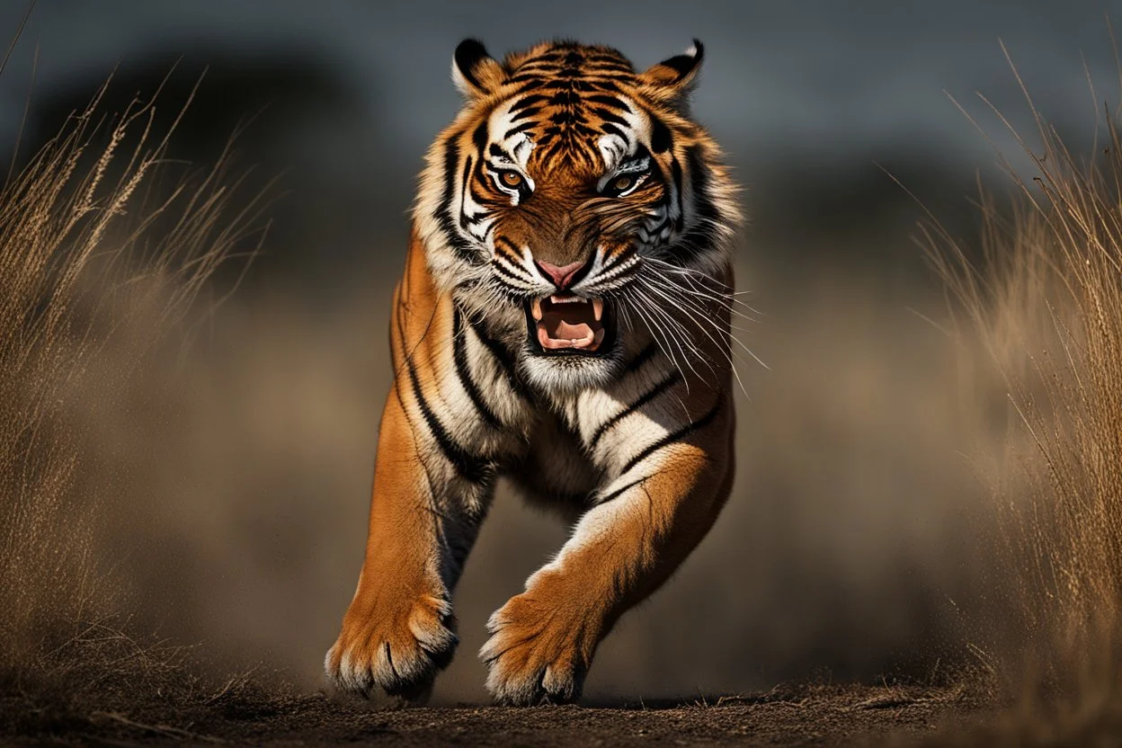 A captivating image of a attacking angry Siberian Tiger, poised on a vast field with a stark contrast between light and dark, conveys a powerful sense of tension. In this expertly captured photograph, the predatory animal stands tall, its muscular frame oozing strength and dominance. The sharpness of every detail accentuates the creature's primal aura, from its razor-sharp teeth and piercing eyes to its sleek, glossy fur. This mesmerizing image, with its impeccable composition