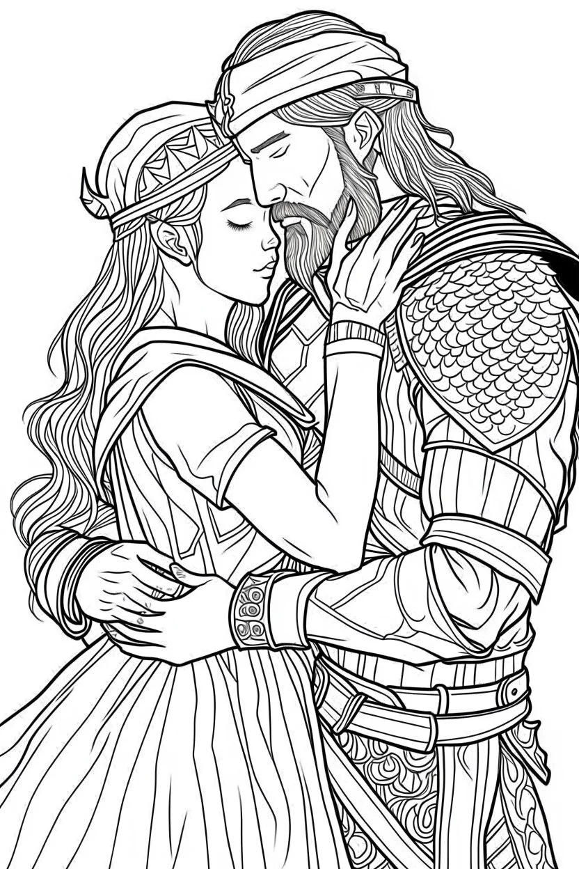 Fantasy coloring page, minimal detail. HD. Woman embracing a male knight with a beard