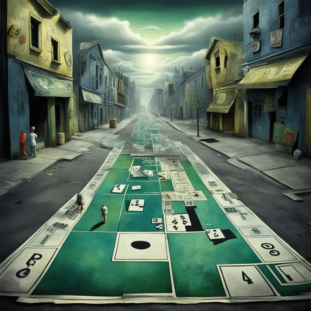 Pop surrealism, Image a Street that looks like a Monopoly Board, profound, dramatic, magic realism