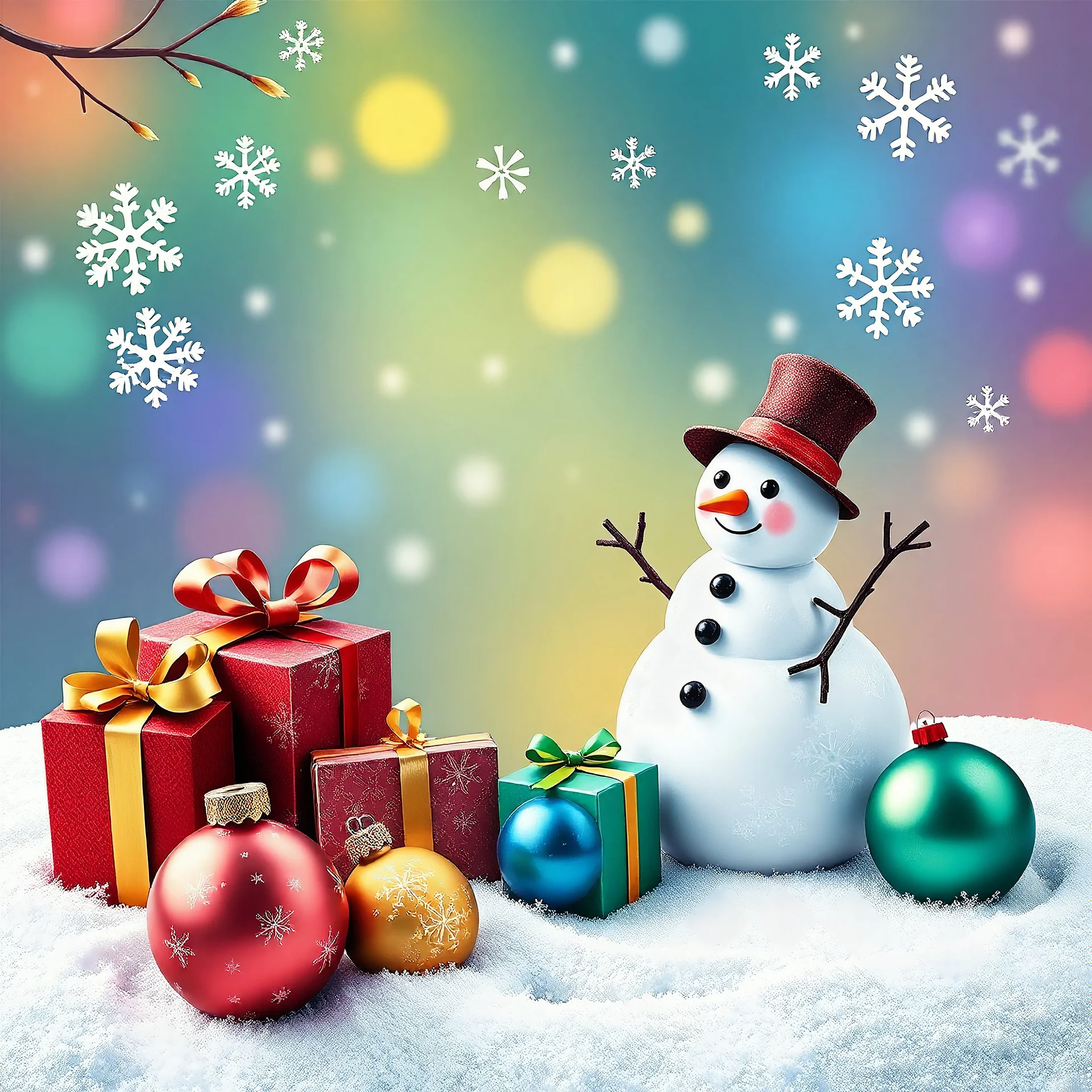 Create multicoloured Christmas cards with gifts and balls with Snowman around snowflakes and colour background