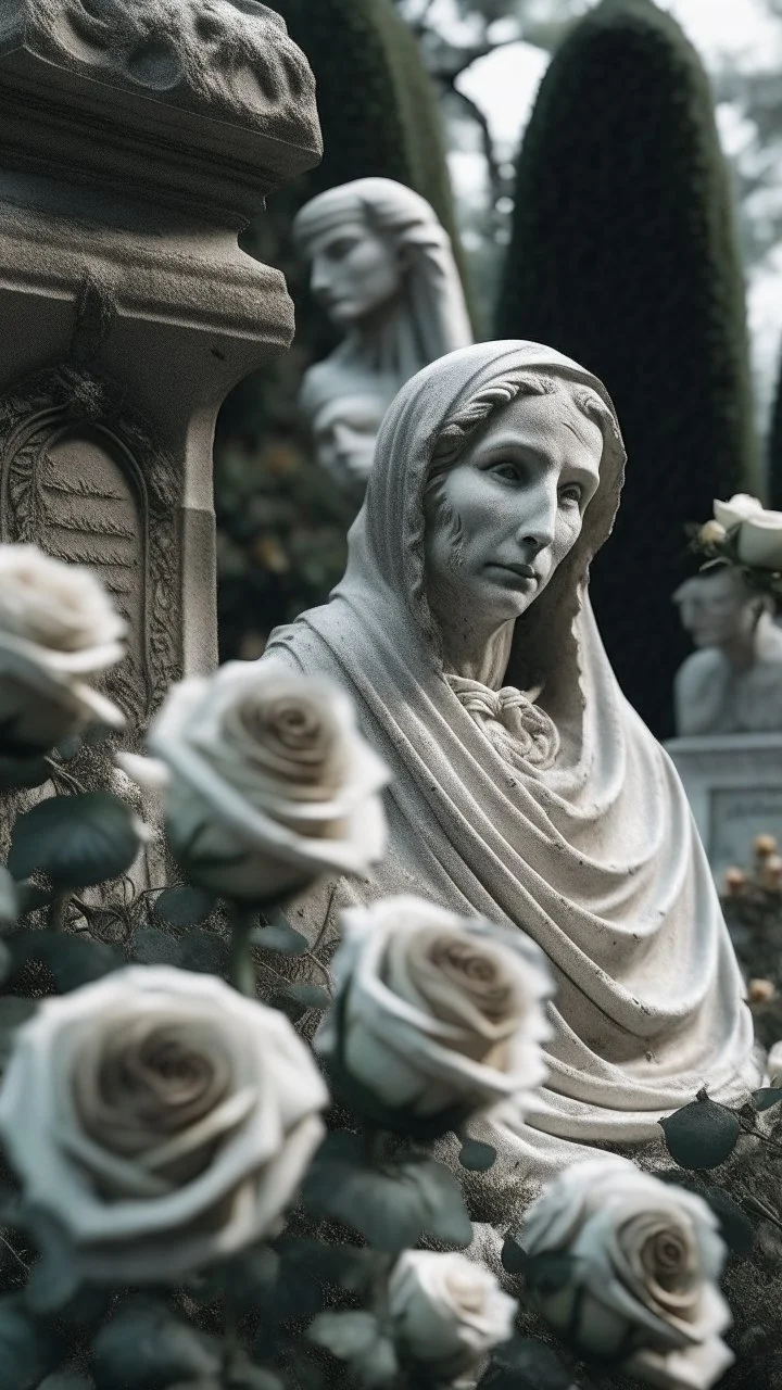 A grave with a statue of a woman behind it, and above it a white lace scarf and white roses. Cinematic picture