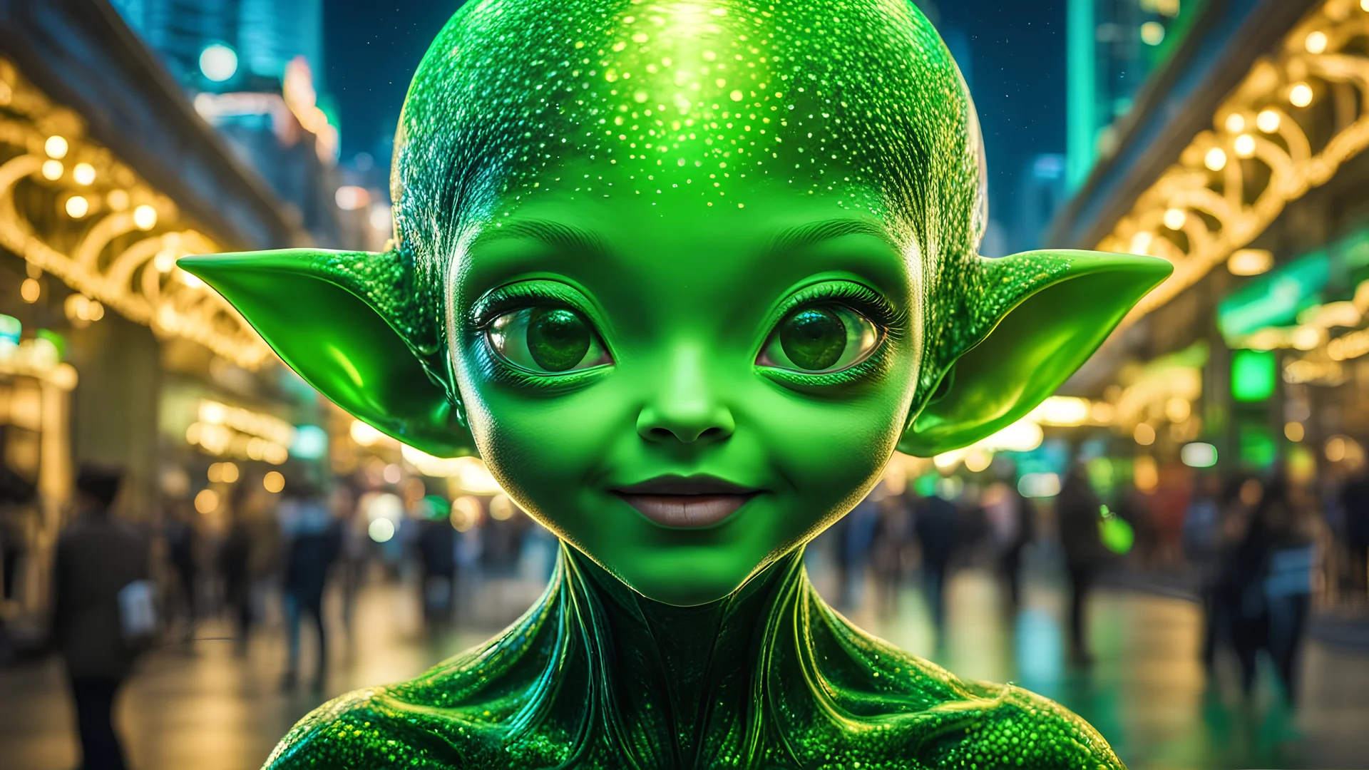 魔法の幻想的な若い幸せな緑の美しいエイリアンの子がカメラに直面し、液体構造、夜、ホタル、ポートレート写真、ファンタジー背景、複雑なパターン、超詳細、発光、輝き、喜び、活気、楽しい、エネルギー、興奮、知恵、自信、超リアリズム 、複雑な詳細、複雑な詳細、16k、HDR、高品質、Artstation のトレンド、シャープ フォーカス、スタジオ写真、複雑な詳細、非常に詳細