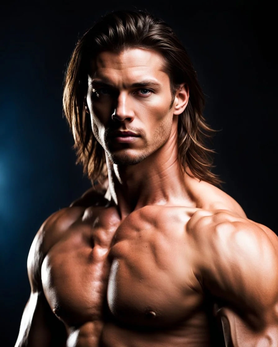 handsome muscular male warrior age 25 with shoulder length hair and a goatee
