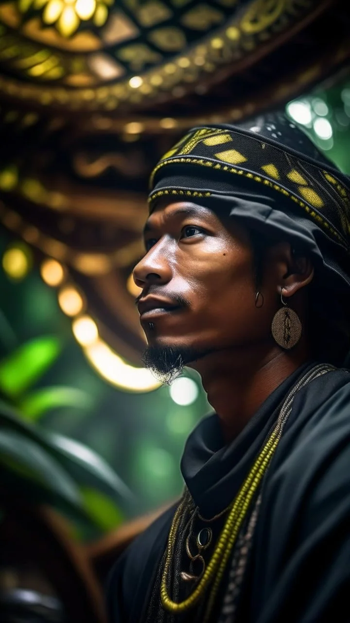 close up portrait of a happy blessed buffalo soldier in a space alien mega structure with stairs and bridges woven into a sacred geometry knitted tapestry hammock over a hill in the middle of lush magic jungle forest, bokeh like f/0.8, tilt-shift lens 8k, high detail, smooth render, down-light, unreal engine, prize winning