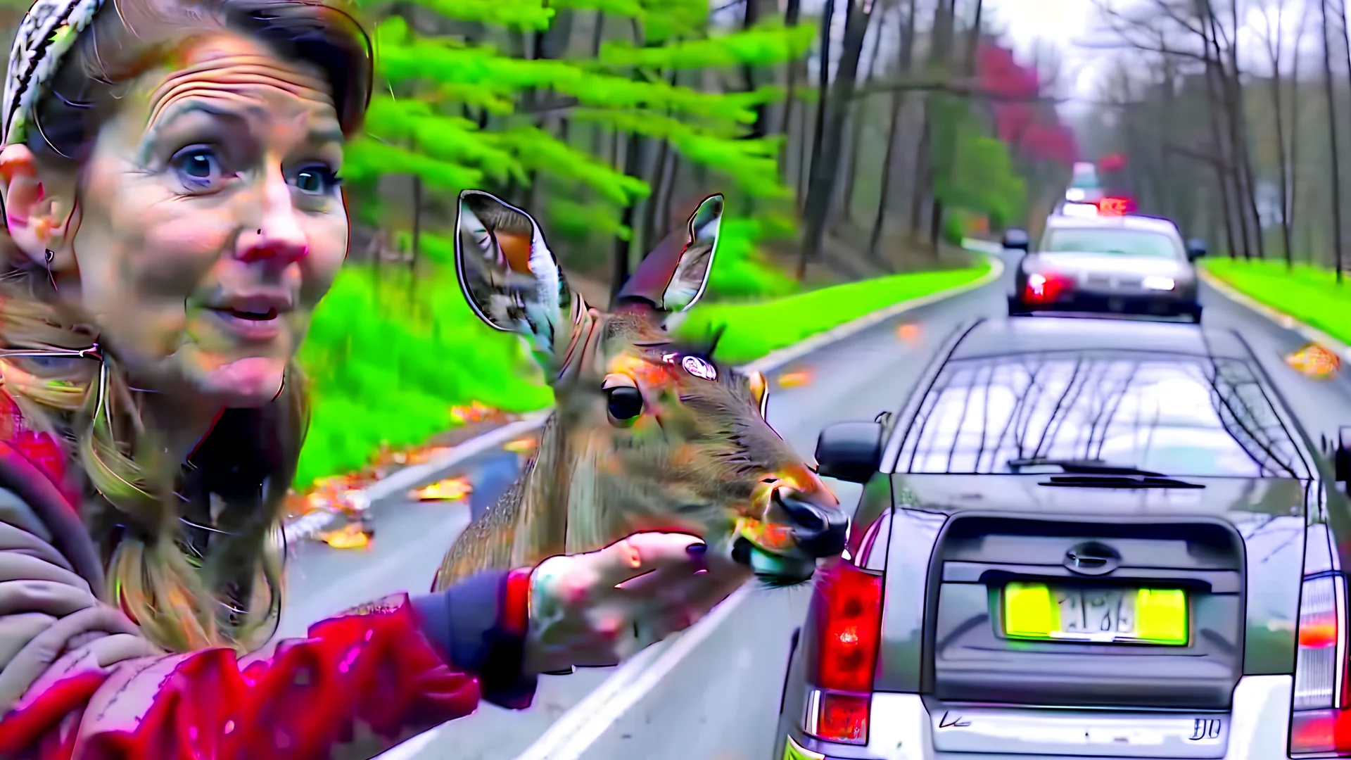 upset lady points handgun at dead deer on the highway