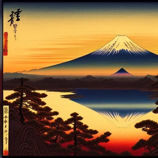 Ukiyo-e painting of a mount fuji at sunset