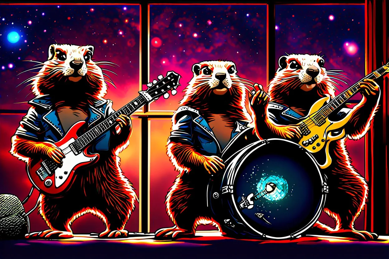 punk Groundhog rock band, playing the guitar, the drums and a saxophone. Window background, Orion Nebula. fun, artistic, hdr, crisp quality, award winning, 4k, warm colors, photo-realistic, digital painting