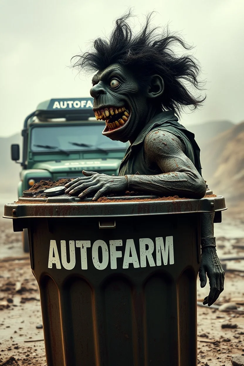 DIRTY HOT EUROPEAN Oscar the AUTOFARM Grouch SESEME ST CHARACTER IN LARGE GARBAGE TRASH BIN,GARBAGE TRASH BIN, side profile, "GARBAGE TRASH BIN IN FRONT" man in super blackscary (((((autofarm)))))) TITLE in movie poster movie style horror look. as five headed mouth open, rough teeth, turn head around, landrover crash in background(&*&*^%$^#%$#%$^%$#^#$#^%#$^$#