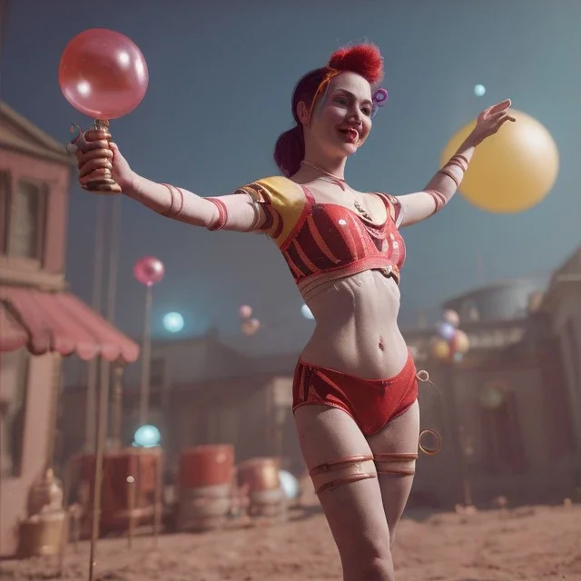 Ultra realistic circus scene. Classic acrobat woman, waist up view, Wes Anderson style, happy, bubbles, highly detailed, concept art, unreal engine 5, god rays, ray tracing, RTX, lumen lighting, ultra detail, volumetric lighting, 3d, finely drawn, high definition, high resolution.