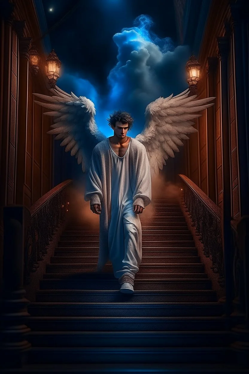 fluffy clouds, portrait of the streetwise magician posing in elaborate cape, angels and demons, fireflies , staircase with closed gates of heaven, 4 k, down light, depth of field, trending art, high detail