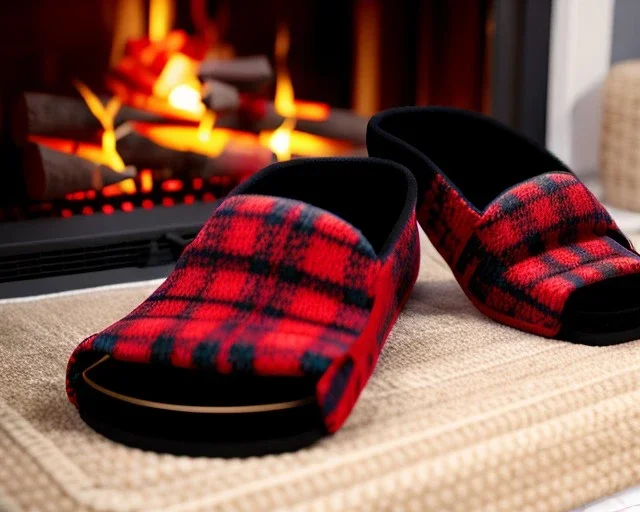 Red plaid slippers, black fur rug,log cabin fireplace