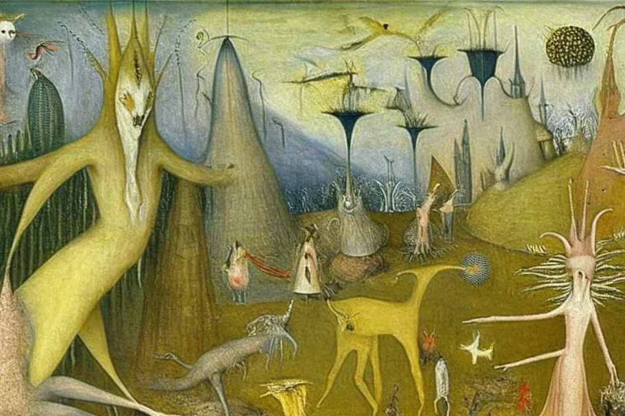 the surreal gardens of heavenly delights by artist "Leonora Carrington" and "Leonardo da Vinci"