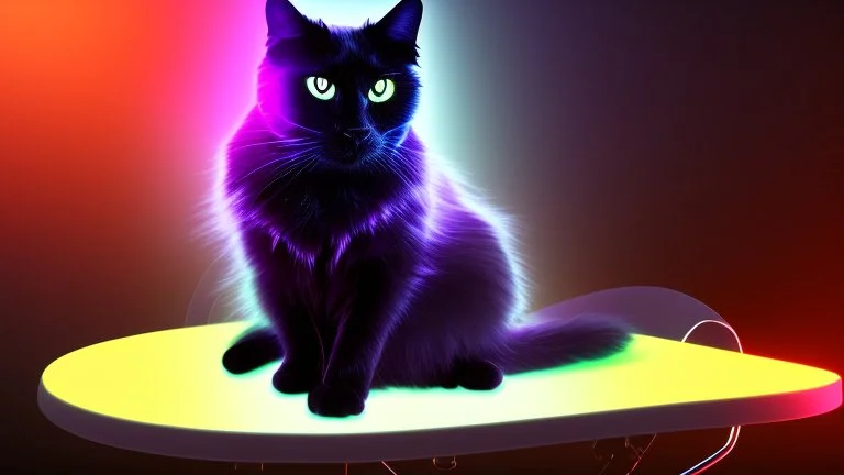 black cat sitting on an office chair, dark room with neon violet lights, realistic