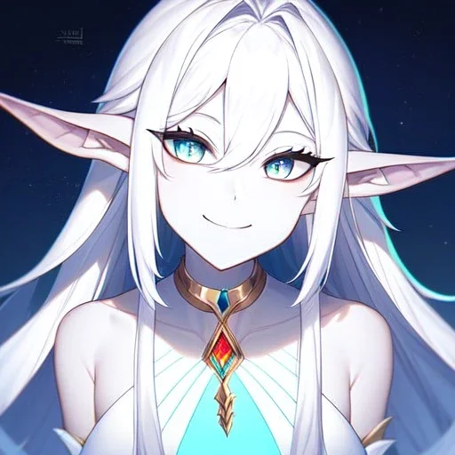 cosmic mage, elf, female, cosmic magic, long ears, white hair, face details, pale skin, jewellery, broad shoulders, sharp ears, cosmic clothes, cosmic eyes, ears shown, the cosmos in eyes, shining eyes, thin face, detailed ears, magical eyes, closed mouth, make up, smiling face, happy face, pointy ears