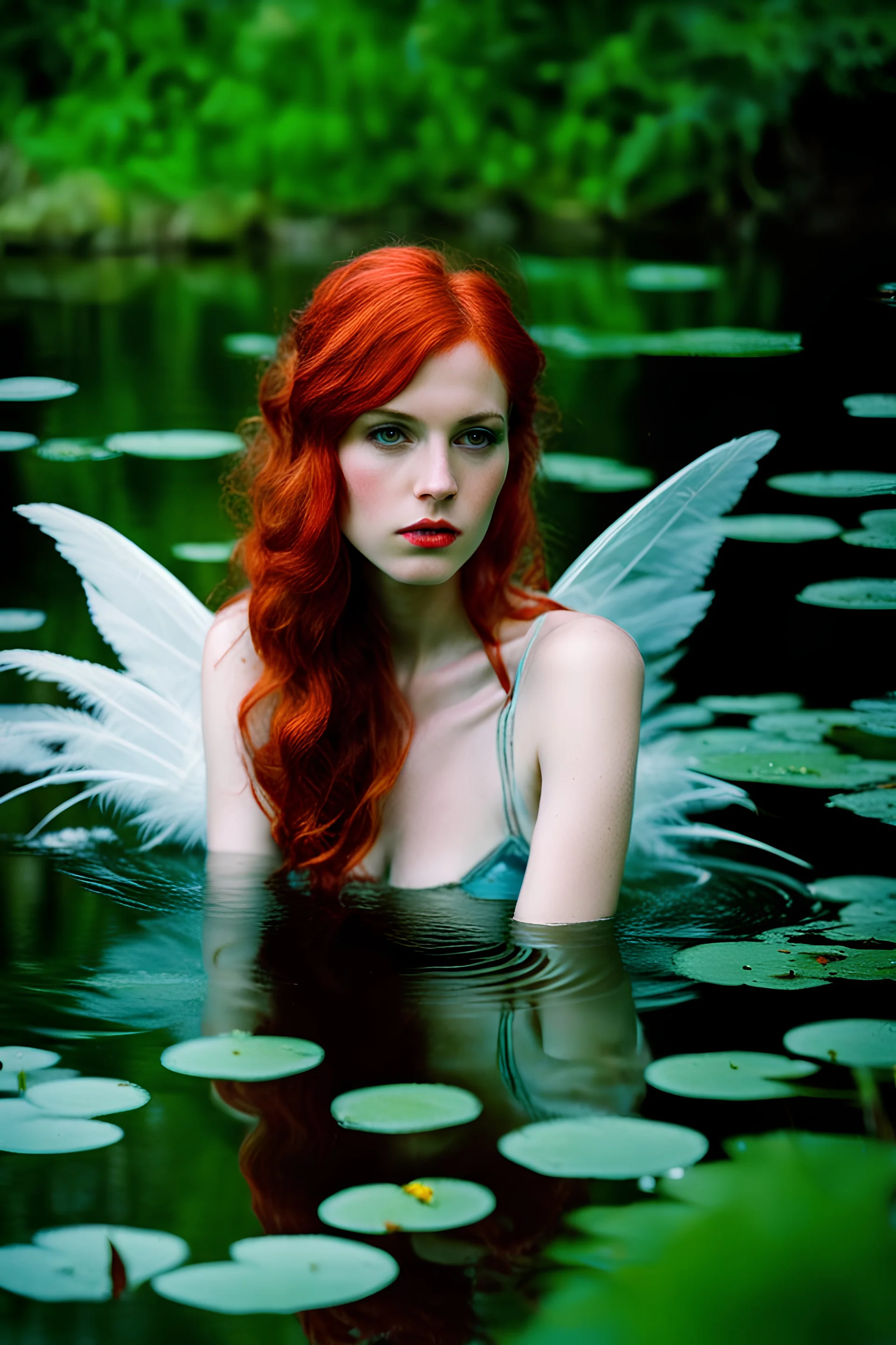 Closeup Peppery Lorraine age 28, feather soft, pouty, redhead, water nymph in a pond, high res, perfect, fairy wings, Portra160 Film, normal saturation