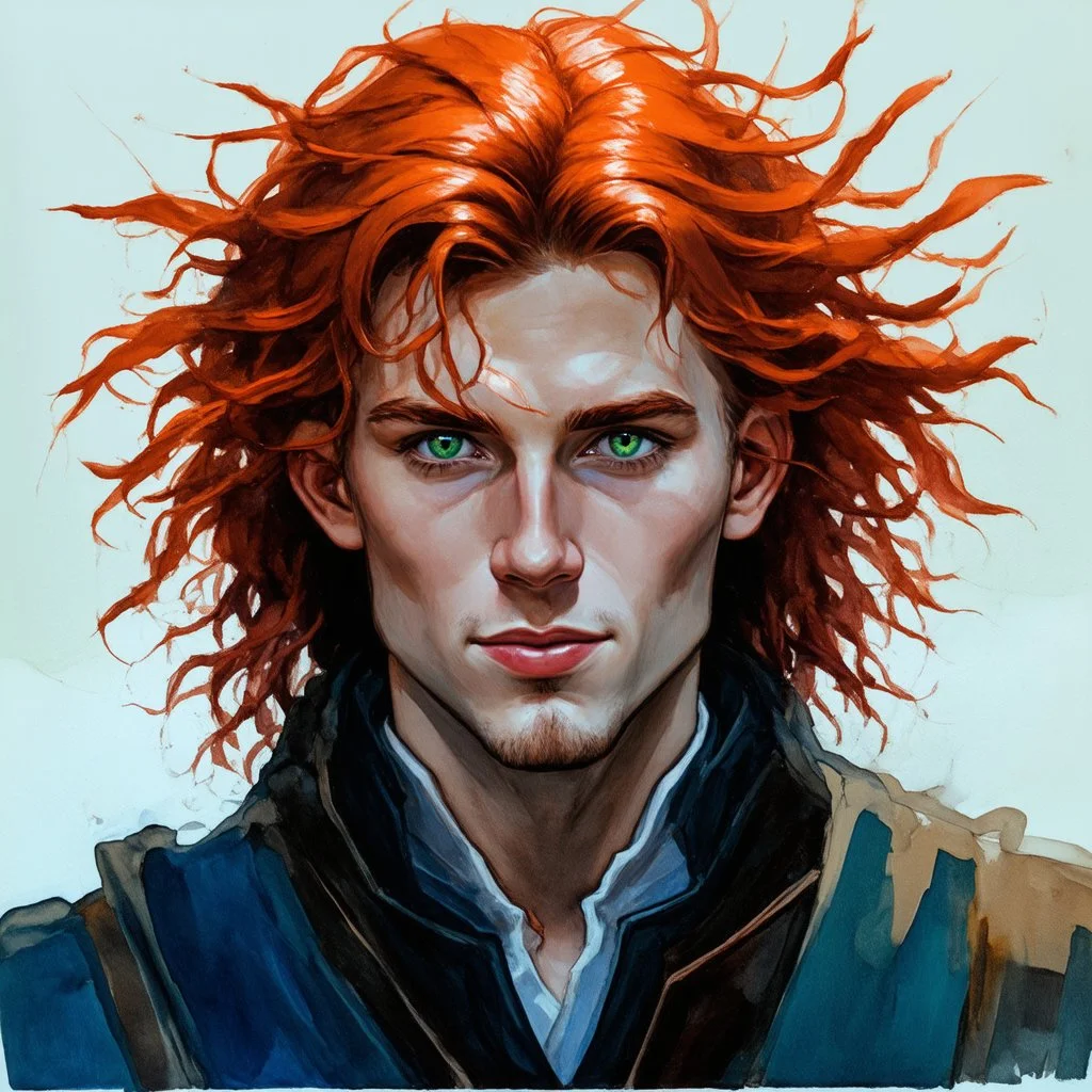 dnd, fantasy, watercolour, stylistic, portrait, illustration, dull colours, male, face, narrow face, green eyes, determined, happy, red hair, very long hair, radiating light, five o'clock shadow