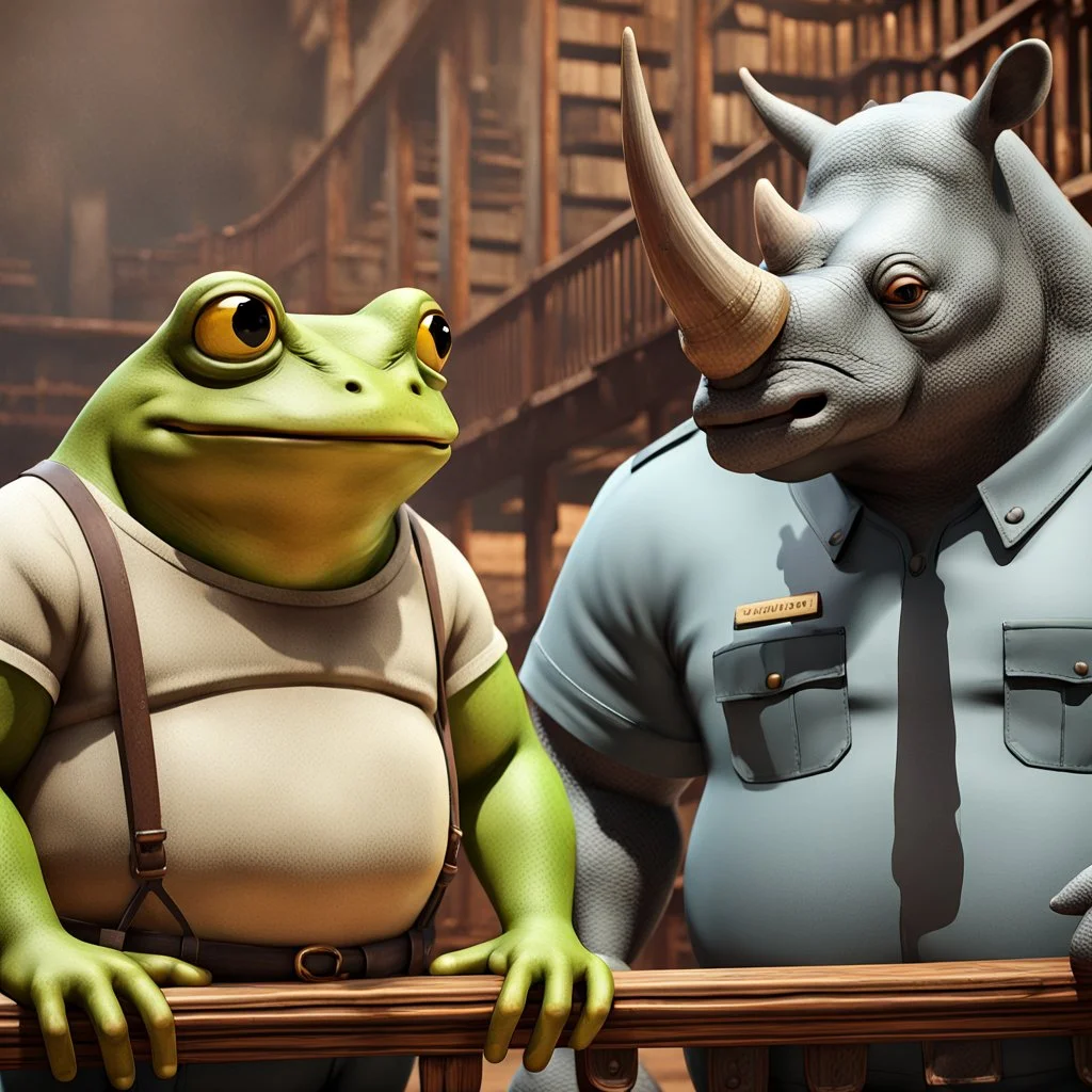 close up 3d illustration very fat yellow and green color big anthropomorphic frog in simple t-shirt and pants stands close and elbowing on an old wooden railing next to each other and talking with a strong gray color anthropomorphic rhinoceros without horns in modern security guard clothes, they talking and elbowing on an old wooden railing next to each other, in background a bibliothek with tall book shelves, detailed sci-fi, fantasy mood