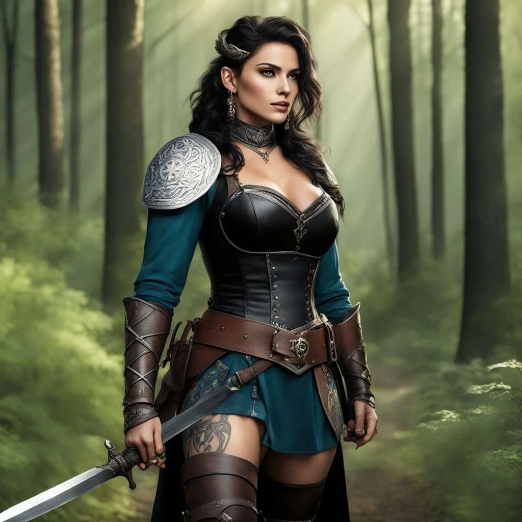 Veronica Gomez as a medieval attractive ranger with tattoos and doe eyes on the edge of the forest, she wears a large padded belt, a leather armour she uses as corset, a broad sword, a dagger, and her agent provocateur light dress below