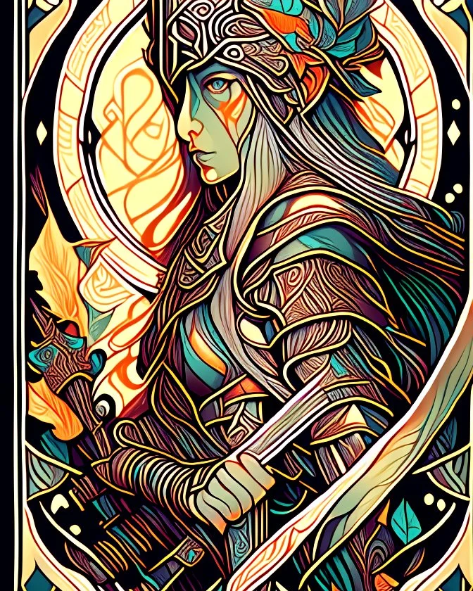 Elfo warrior centered | symmetrical | key visual | intricate | highly detailed | iconic | precise lineart | vibrant | comprehensive cinematic | alphonse mucha style illustration | very high resolution | sharp focus | poster | no watermarks full body