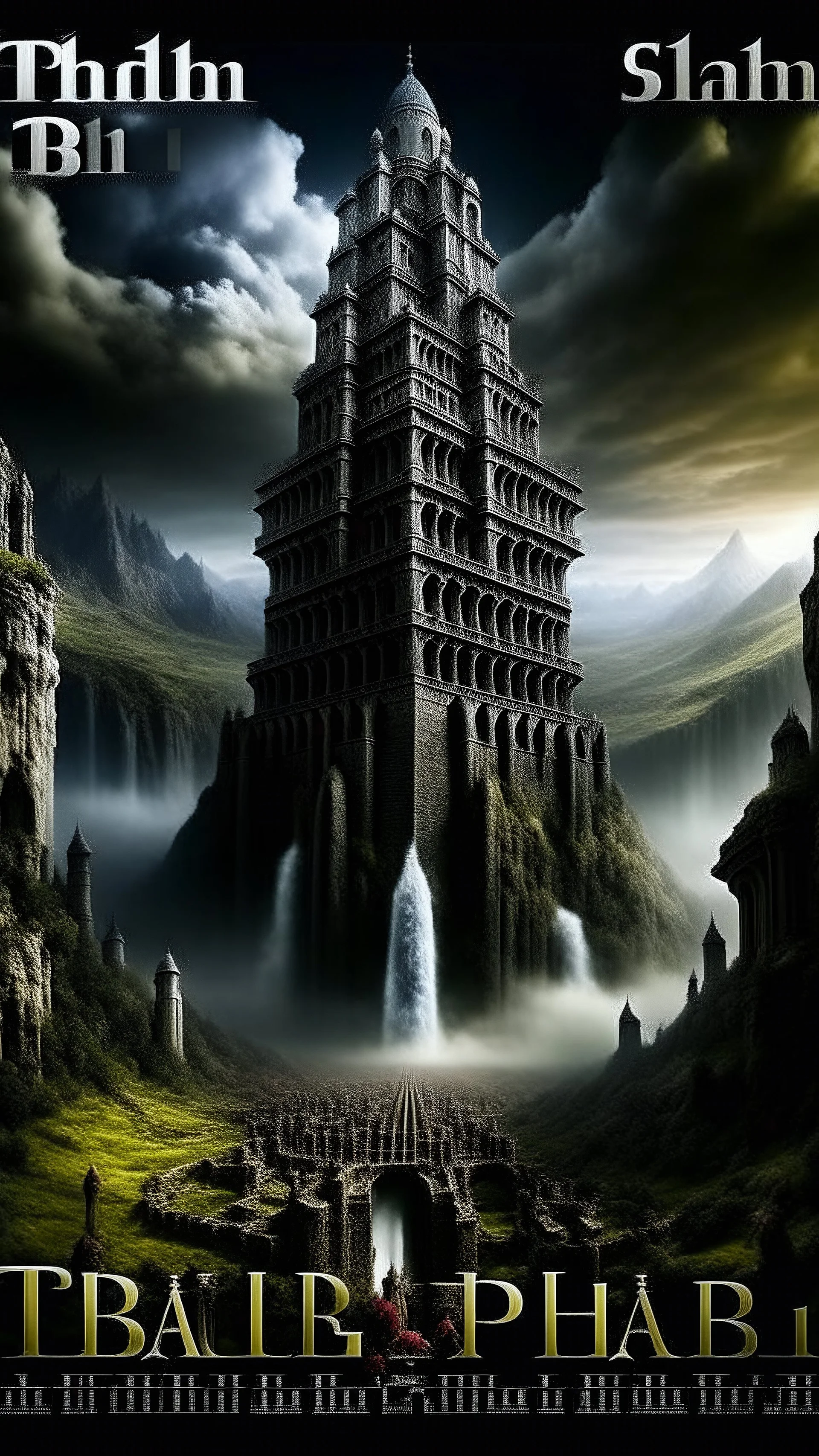 Fantasy city with 2 tall square black towers on the edge of a dam with a waterfall falling into a chasm below it in the mountains