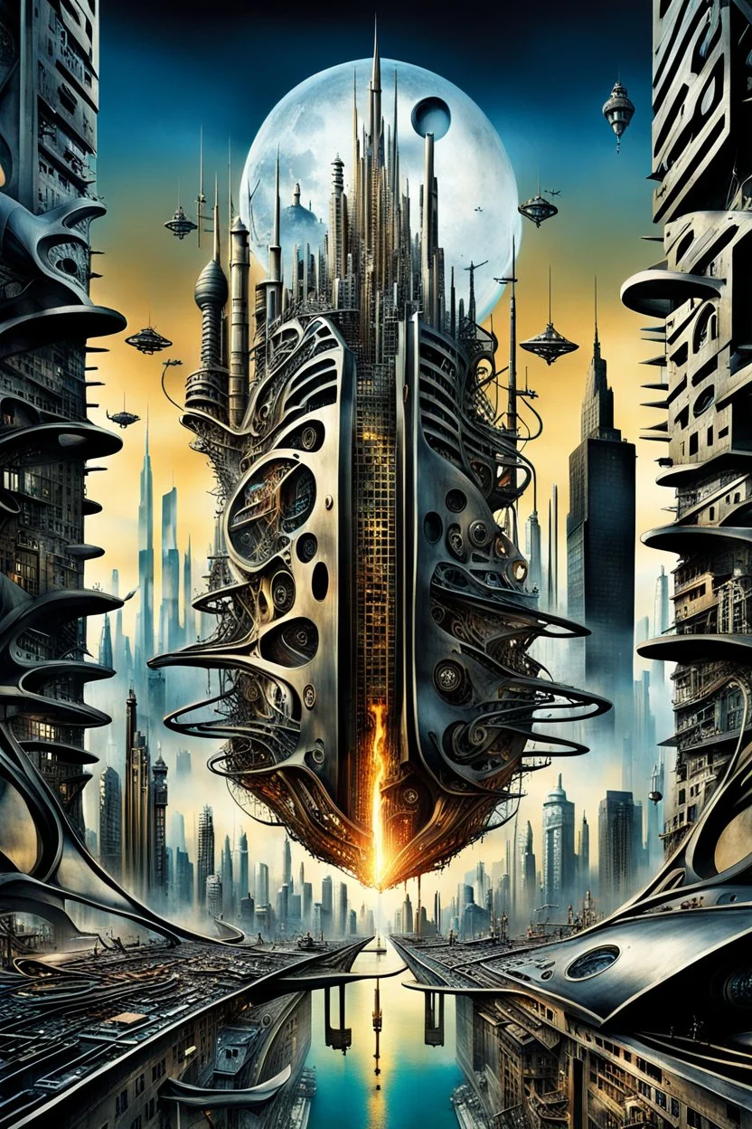 a stunningly weird image of a futuristic metropolis using Salvador Dali's paranoiac-critical method, where buildings and structures appear to melt into the skyline cityscape is filled with floating mad, twisted sharp metal shapes that interact with the buildings and each other, forming a surreal tableau of a dreamlike reality. neu-steampunk vibe, essence of the scene in a cinematic manner, with dramatic shadows that enhance the distorted perspectives and bizarre