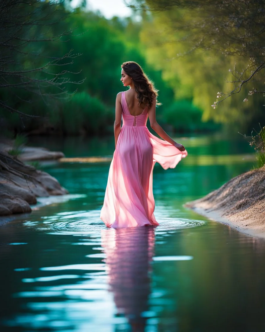 beautiful girl in pretty pink -blue dress walking in water toward camera in trees next to wavy river with clear water and nice sands in floor.camera capture from her full body front, spring blosom