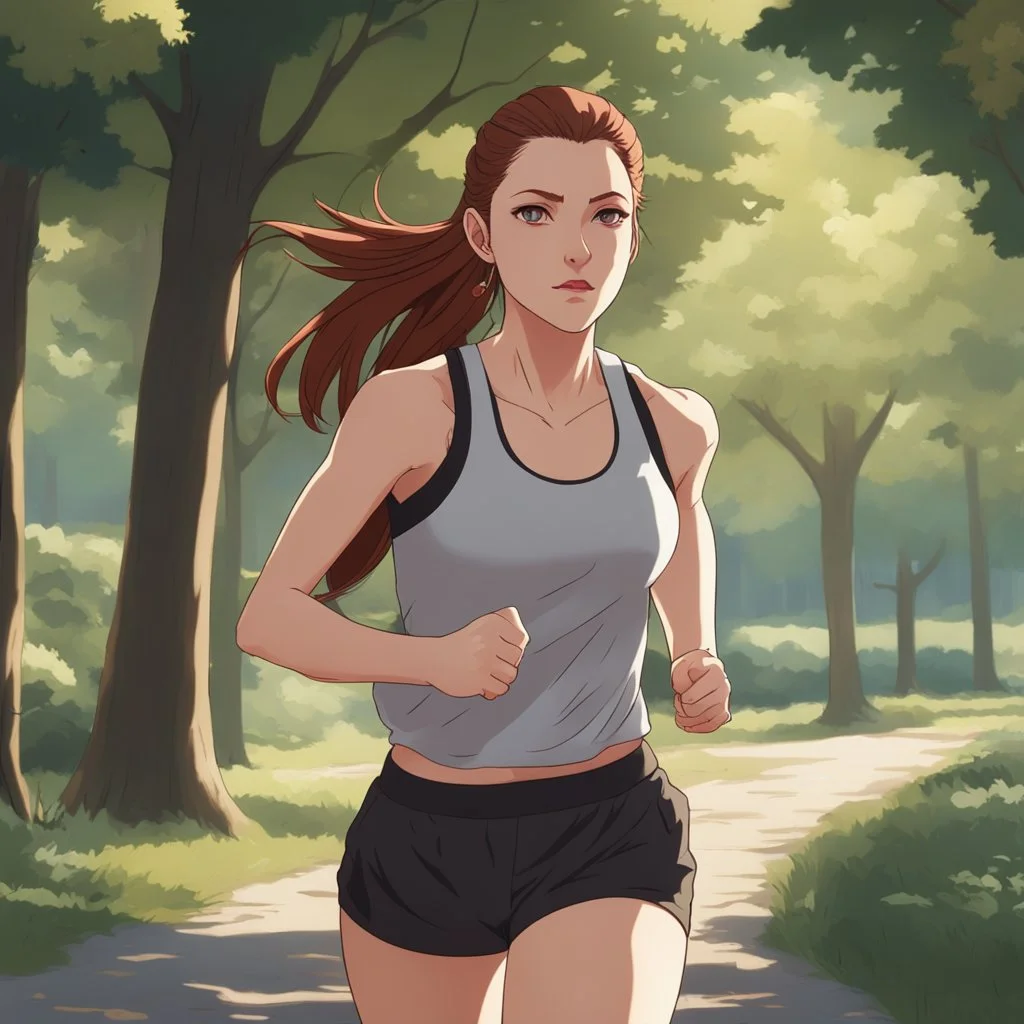 An Arrogant-Looking Young Woman With Pale Skin, Red Eyes, And Long Brown Hair Pulled Up In A Single, Straight Ponytail. Jogging in the park. Anime Style, High Definition, Greg Rutkowski, 8k Resolution, Intricate Details