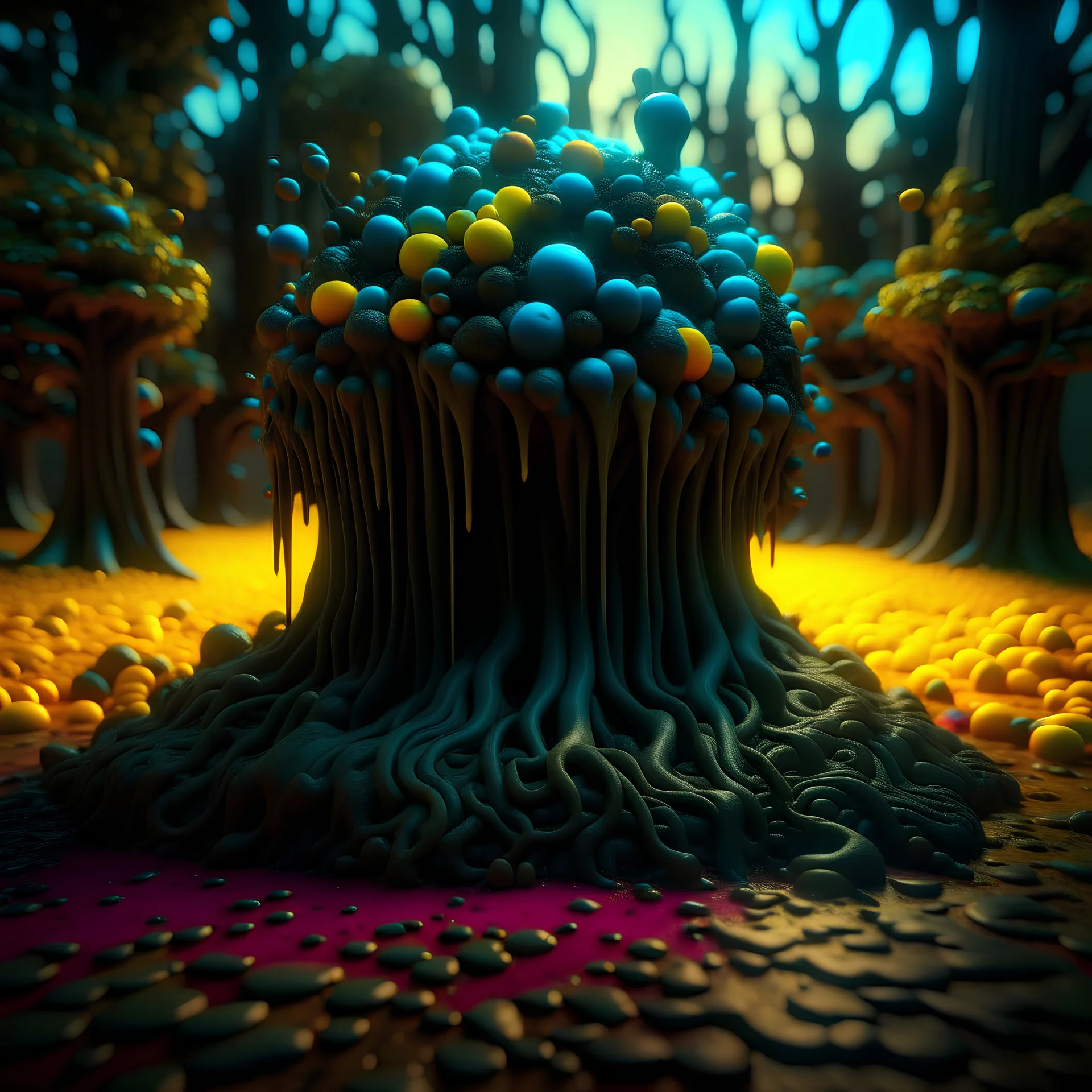 Irregular black spots, 8k, 3d render, Zdenek Burian, melting horror, tridimensional figures, intricate patterns, sinister scribbles, trees, colors, shot on Hasselblad