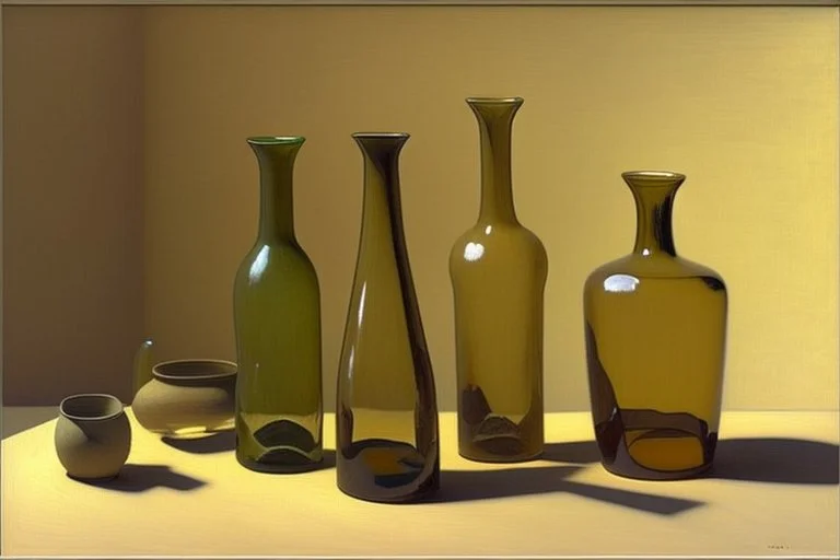 A still life with glass bottles and a glass vase in sand dunes by Giorgio Morandi