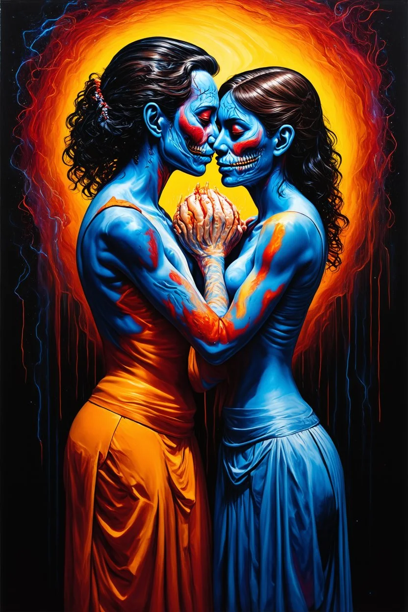 Pain Bodies feeding off of each other; Symbolism; Surrealism; electric palette