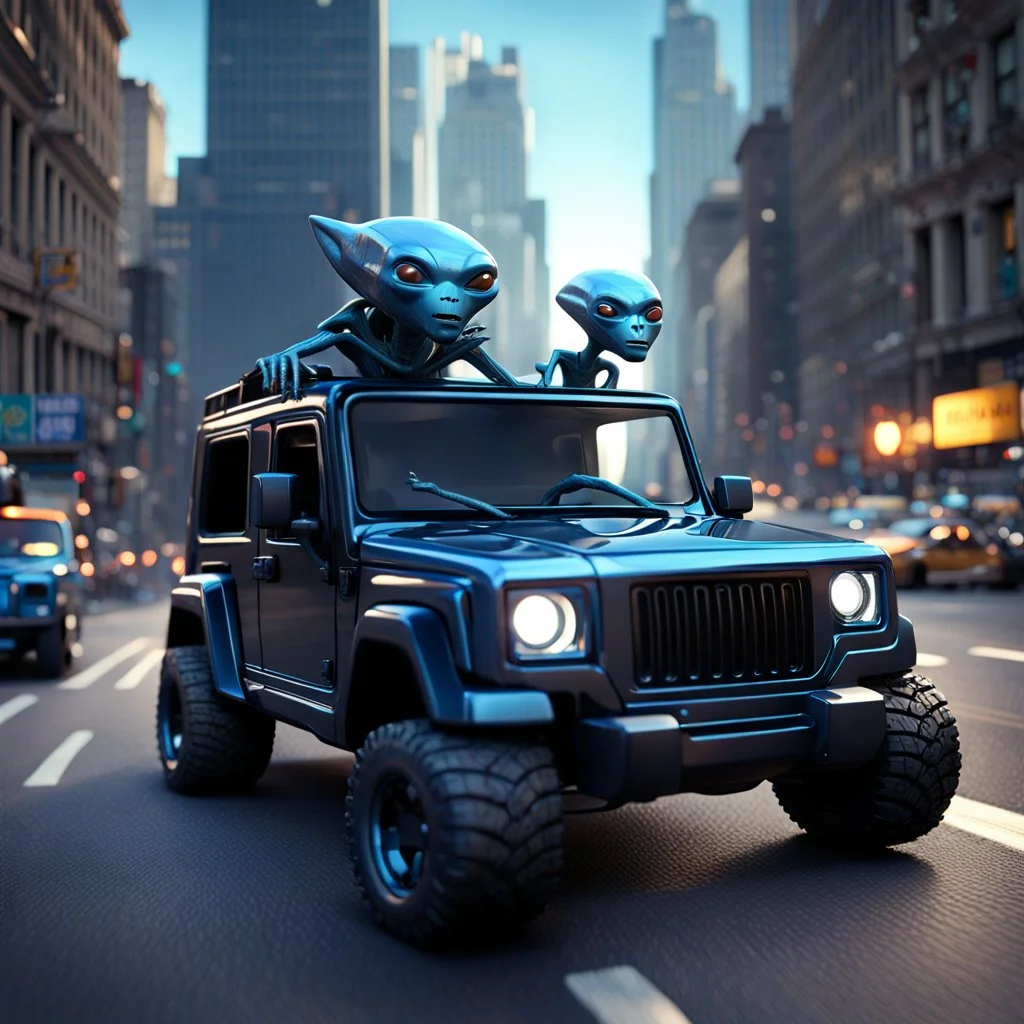 Magnetic blue cartoon alien driving a shiny black open Jeep Hummer on a road in Manhattan, character portrait by Mike Winkleman, featured in cgsociety, pop surrealism, rendered in cinema4d, daz3d, behance hd