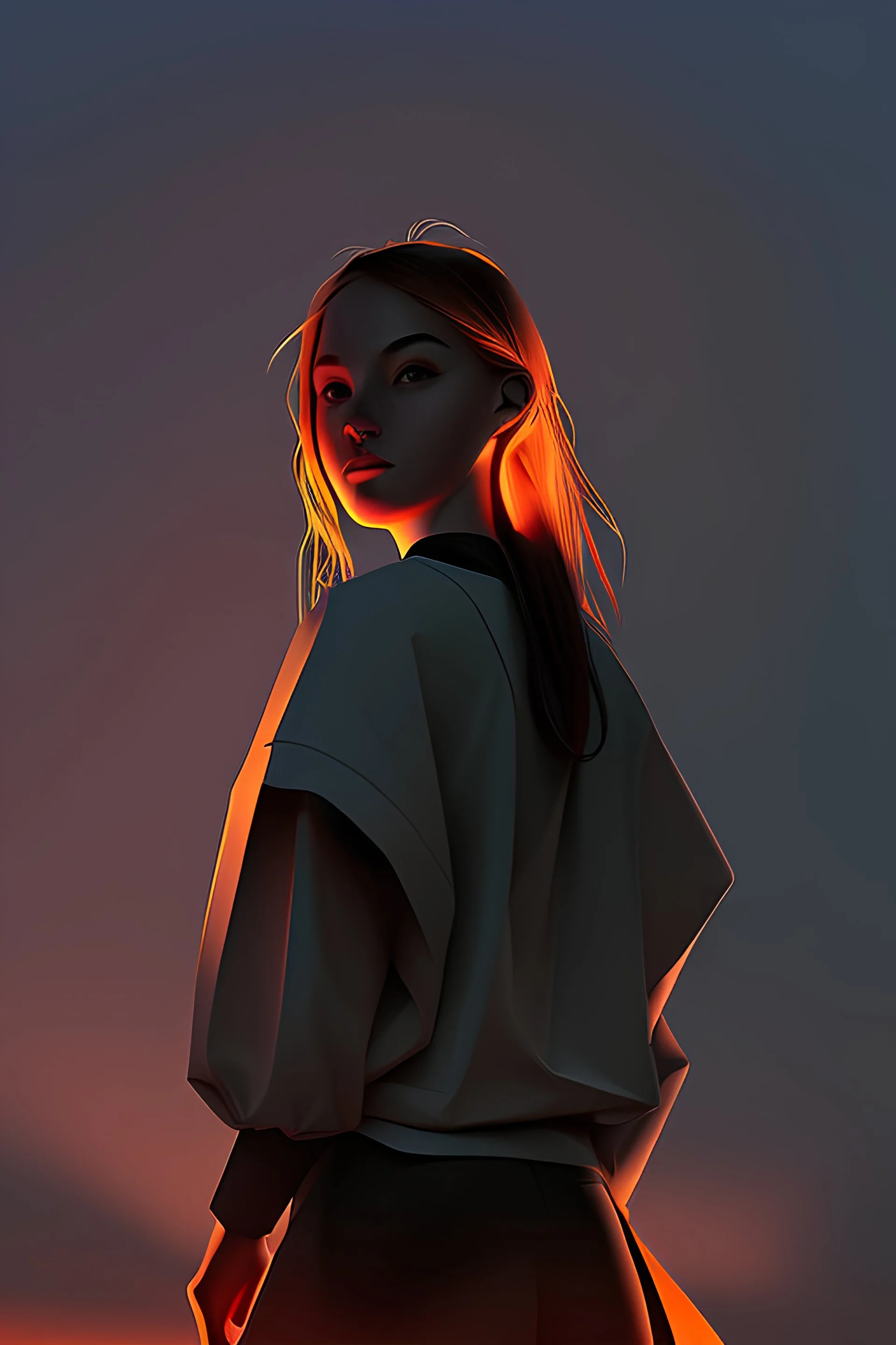 sunset behind the girl, digital painting