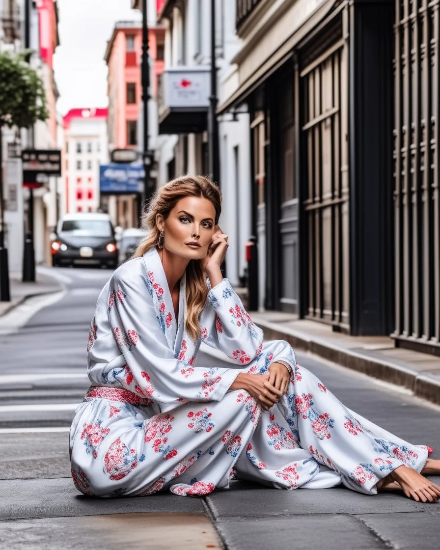 a supermodel in designer sleepwear sitting on street for magazine cover photoshoot