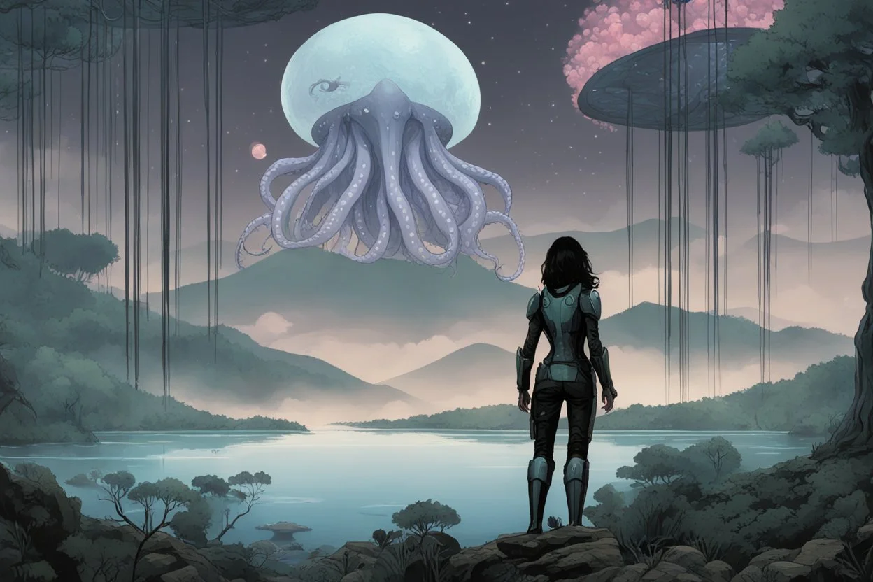 A woman with dark hair, in an android suit, looking out over a lake, in an alien forest, with tall cloud trees, flying Portuguese men of war with octopus tentacles