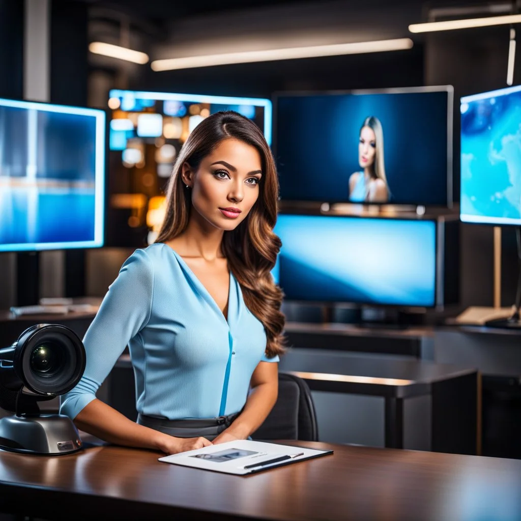 amodern tv studio a beautiful girl perfect face sitting next to desk presenting new looking at camera, with picture of an old man in tv screen at background